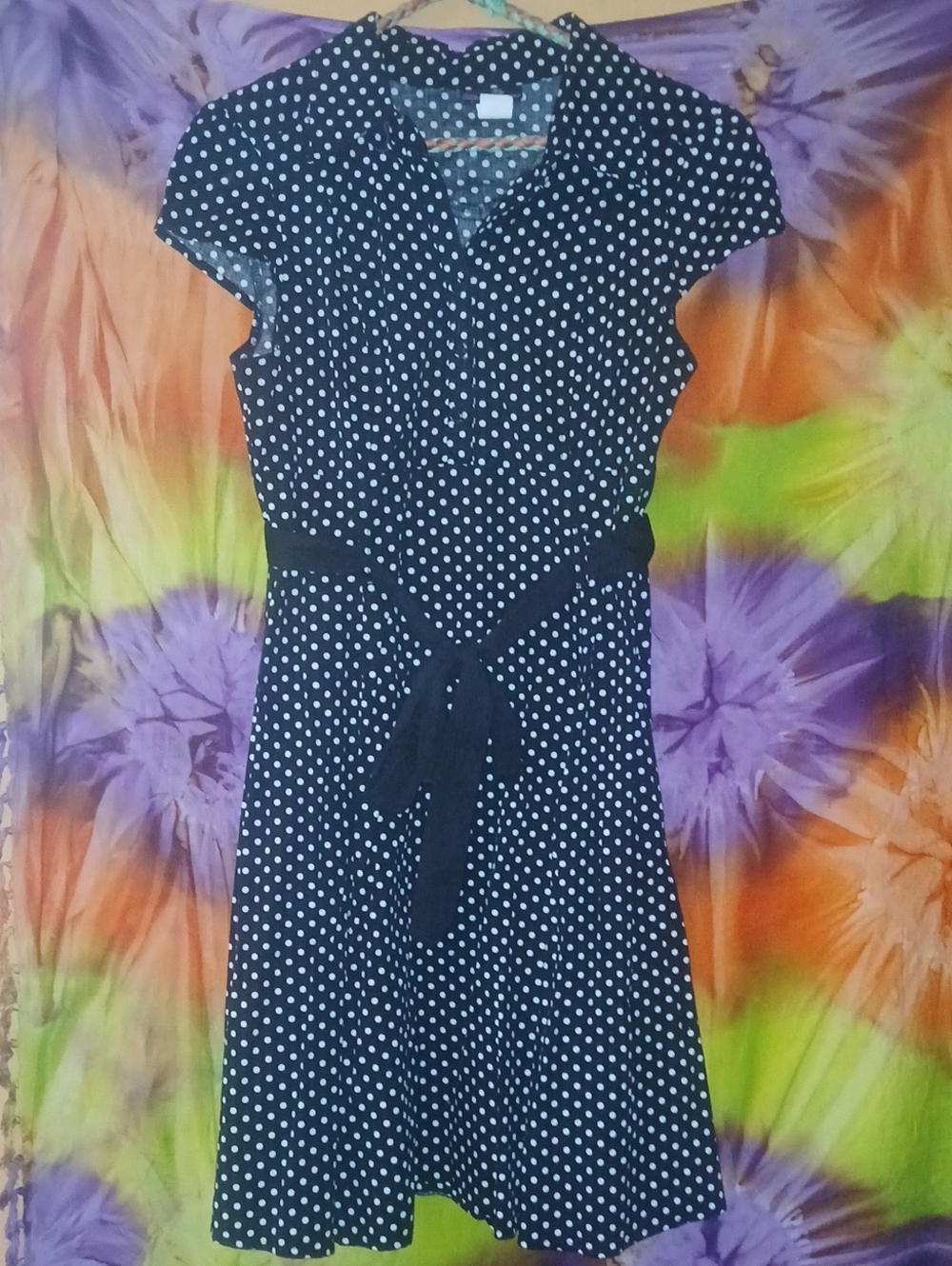 Tropical Wear Rockabilly Black Polka Dot Tie-Waist Midi Dress W/ Cap Sleeve